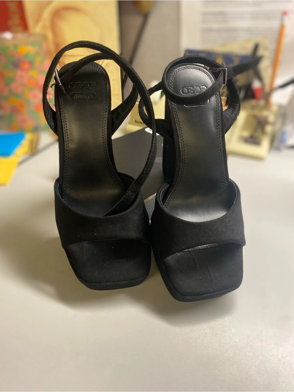 ASOS Design Collection: Black Suede Strappy Block Heel Sandals